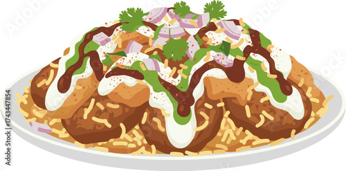 Flat Lay Detailed Bhalla Papri Chaat Indian Street Food Illustration