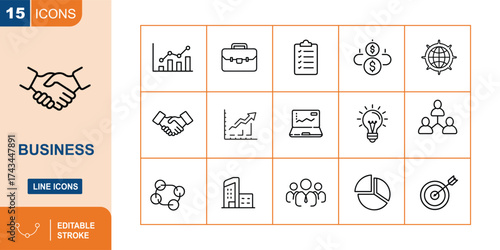 Business line icons set with finance, growth and teamwork concepts Keywords: business, finance, growth, icons, line