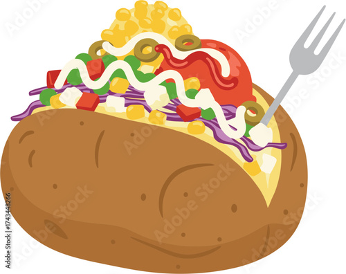 Flat Illustration Loaded Baked Potato with Toppings and Fork Icon