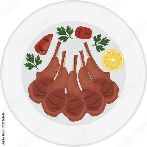 Simple Style Lamb Chop Dinner Plate Illustration with Garnish