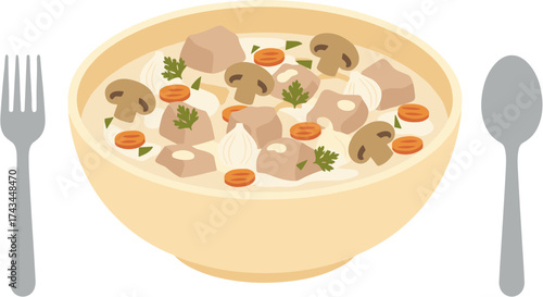 Simple Flat Bowl of Stew with Fork and Spoon Illustration