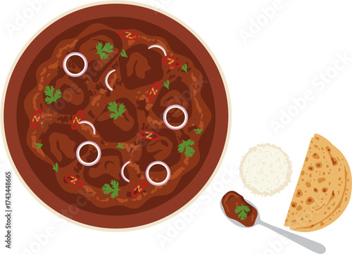 Flat Illustration Delicious Chicken Curry with Rice and Roti Food