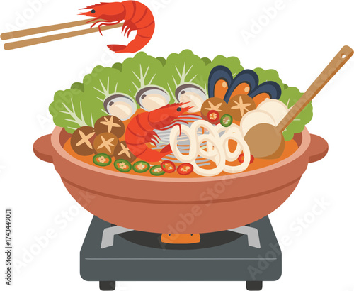 Colorful Flat Illustration of Seafood Hot Pot Dish on Stove