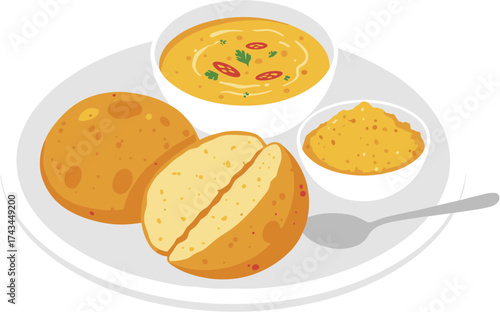 Simple Style Illustration of Indian Meal with Bati, Dal and Churma