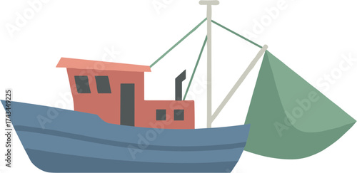 Flat Graphic Illustration of Fishing Boat Silhouette with Net Symbol