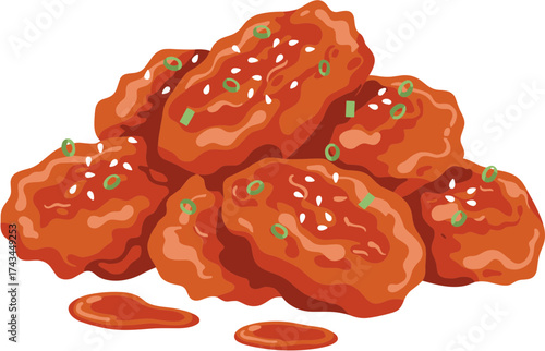 Flat Illustration Korean Fried Chicken Glazed Sweet and Spicy Food