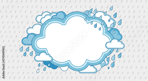 Cartoon Cloud Frame with Raindrops, Blue Outline, White Center, and Decorative Elements.