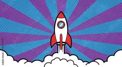 Cartoon rocket launching with red fins, white body, and circular window.