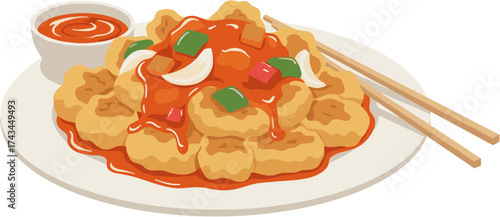 Flat Design Sweet and Sour Chicken Plate with Chopsticks Illustration