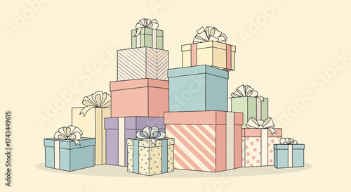 Colorful Stack of Gift Boxes with Ribbons and Various Patterns, Hand-Drawn Style.