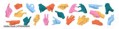 Set of hand gestures. Handshake, thumbs up, heart and pinky promise. Greeting and approval signs. Pointing and crossing fingers. Nonverbal communication. Flat isolated vector illustrations on white