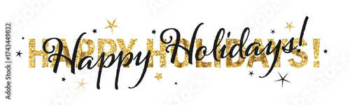 HAPPY HOLIDAYS black and gold vector typoraphy banner with stars