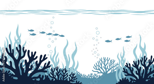 Flat design illustration of a vibrant blue underwater coral reef ecosystem with swimming fish and seaweed.
