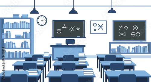 Educational Classroom Setting with Desks, Bookshelves, and Blackboards.