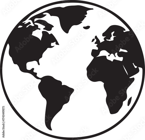 Black Silhouette of the Earth with Continents Visible on White Background globe world