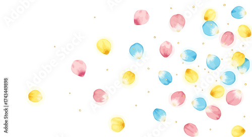 Floating pastel watercolor petals, scattered pink, yellow, blue translucent shapes.