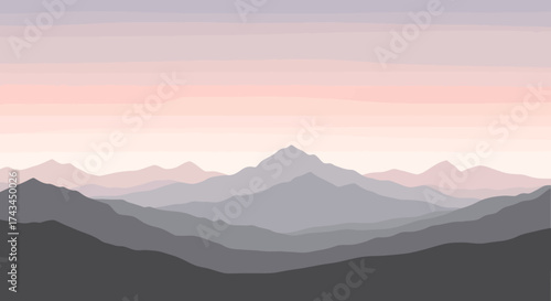 Majestic Mountain Range at Dawn, Soft Hues and Misty Peaks.