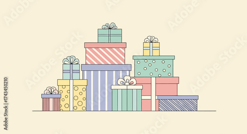 Stacked Colorful Gift Boxes with Ribbons and Bows.
