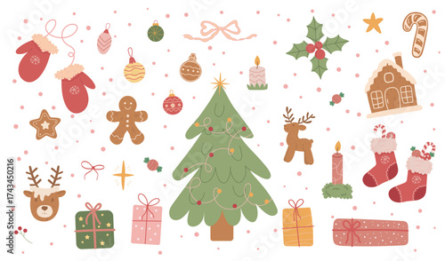 Charming set of hand drawn Christmas elements. Festive holiday design with tree, presents, wreath, Santa hat, gingerbread, candy, red socks and bells. Retro Xmas vector