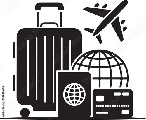 Black Silhouette of Travel Icons: Suitcase Airplane Globe Passport Credit Card on White Background vacation
