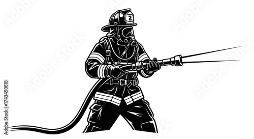 Firefighter isolated on white background, a hero in action with water hose