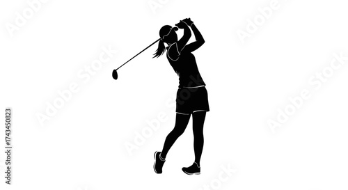 Female golfer swinging golf club isolated on white background in silhouette