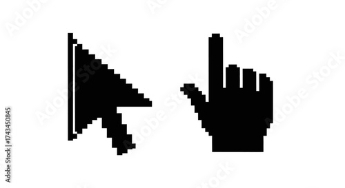 Pixelated cursor and hand isolated on white background, retro and nostalgic