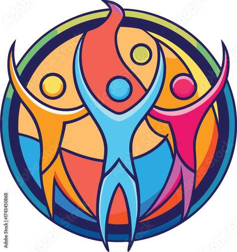 Colorful abstract figures rejoicing in circle symbolizing unity and teamwork