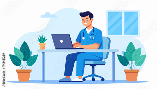 Dedicated doctor types on laptop, providing telehealth services with plants in room, offering virtual healthcare solutions and online consultations for patients
