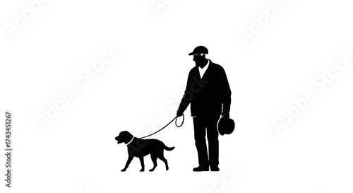 Silhouette of an elderly man walking a dog isolated on white background