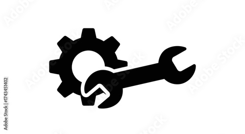 Simple black silhouette of a wrench and gear, representing tools, repair, and mechanics.