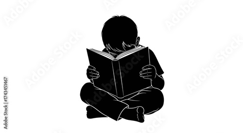 Young child engrossed in reading a book, silhouetted against a white background