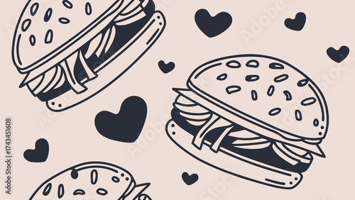 Seamless vector pattern featuring hamburgers and heart icons on brown background, representing love for fast food