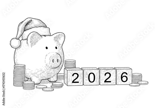 Retro sketch of a piggy bank wearing a Santa Claus hat, surrounded by wooden blocks showing “2026” and stacks of coins. The composition symbolizes plans, investments, and savings for the New Year 2026