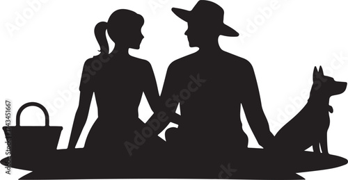 Silhouette of a couple and dog on a picnic with a basket woman