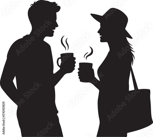 Silhouette of a couple holding coffee cups and talking vector illustration