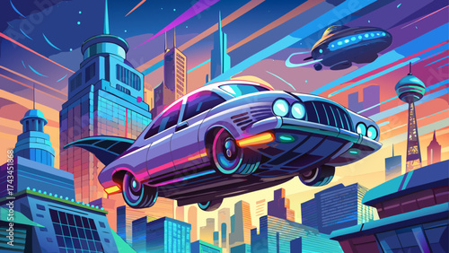 Retro-futuristic flying car combining vintage curves with neon technology, hovering above skyline of a dreamlike metropolis, vector concept uniting nostalgia and science fiction style.