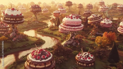 Fantasy landscape of giant decorated cakes with river flowing through