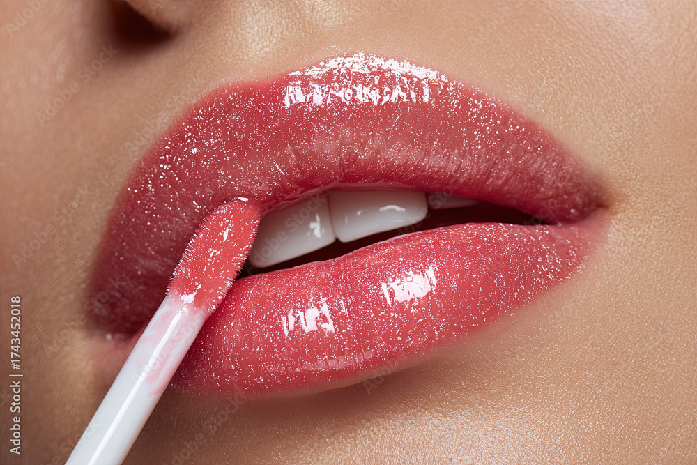 Naklejka premium Close-up of glossy pink lips of a young woman applying liquid lip gloss, showcasing beauty, makeup, cosmetics, fashion, and self-care concepts for consumer products