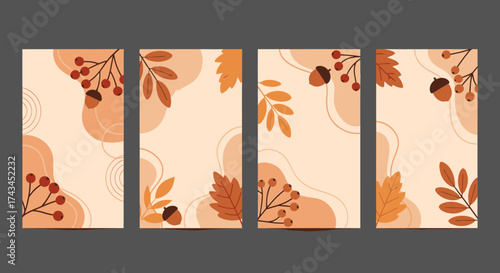 Abstract Autumnal Botanical Illustrations with Organic Shapes and Falling Leaves.