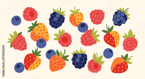 Assorted Berries - Strawberries, Raspberries, Blueberries, and Blackberries with Green Leaves.