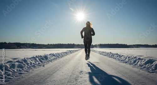 Silhouette of person running on snowy road against a bright sunny sky