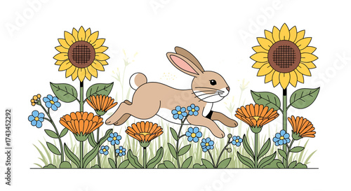 Whimsical cartoon rabbit hopping among colorful sunflowers and wildflowers illustration.