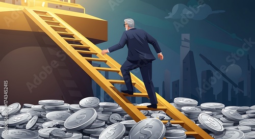 Man Climbs Ladder Over Coins Toward Building in City