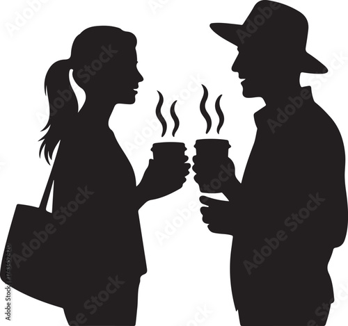 Silhouette of a couple with coffee cups and a tote bag vector illustration