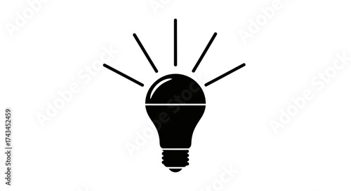 Simple black silhouette of an illuminated LED light bulb radiating light on a white background.