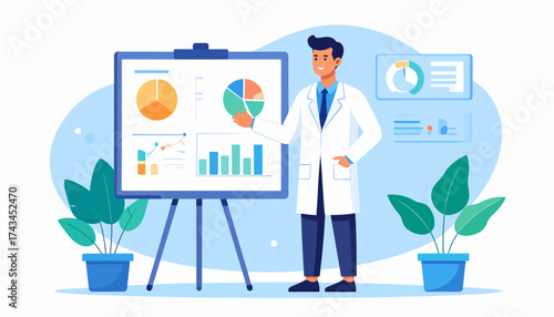 Confident doctor presenting medical data on whiteboard, showcasing analysis and research with charts and graphs, perfect for healthcare and science themes