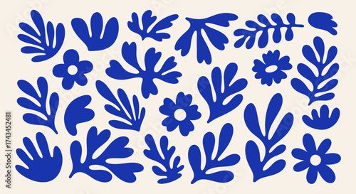 Collection of Blue Floral and Leaf Shapes, Matisse-Inspired Botanical Elements.