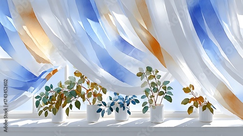 Soft Watercolor Curtains with Plants Illuminated by Natural Light