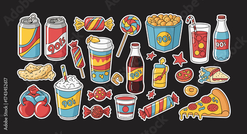 Colorful Cartoon Fast Food and Sweet Treats Collection, Including Soda, Candy, Popcorn, and Pizza.